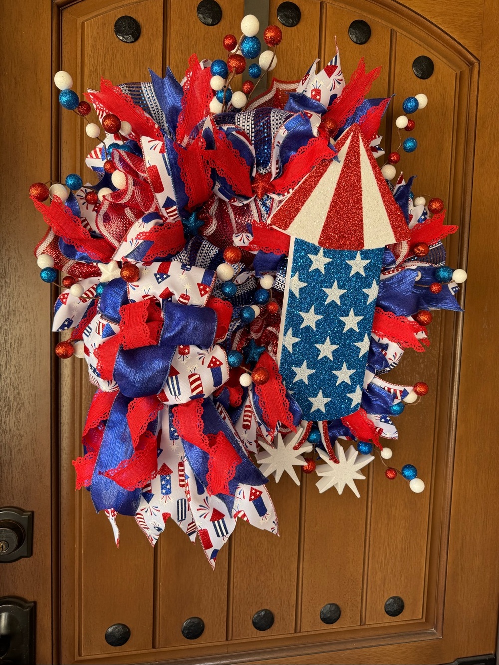 Hand Crafted Red, White & Blue Patriotic Firework Wreath